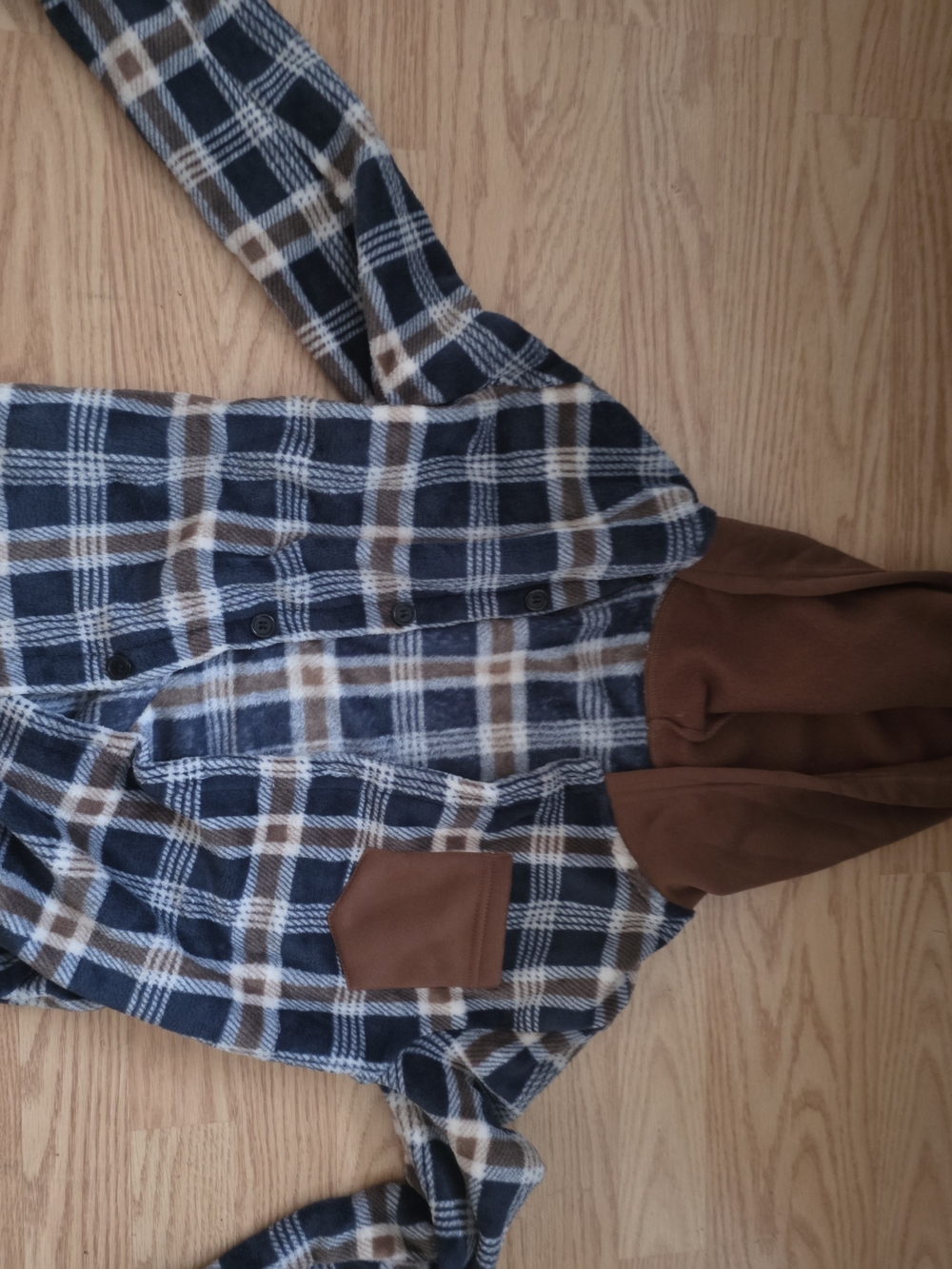 SHEIN Navy, Brown & Cream Plaid Hooded Puffer Jacket
